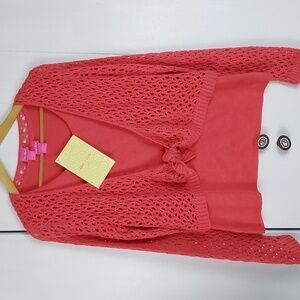 Du jour Womens Coral 2 piece Top set Crochet Cardigan W Tank shell Cute! Sz.M